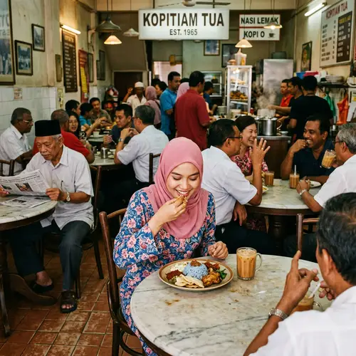 Traditional Malaysian Coffee Shop Scene with Diverse Crowd