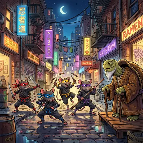 Urban Night Ninja Rats Showdown with Wise Tortoise