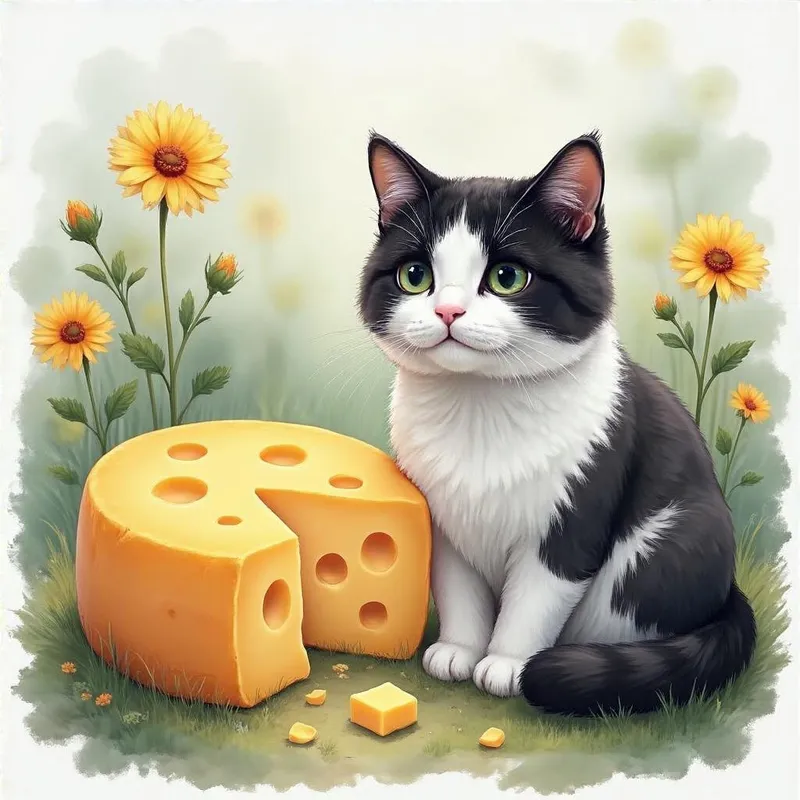Charming White-Pawed Cheese Cat with Wildflowers Art