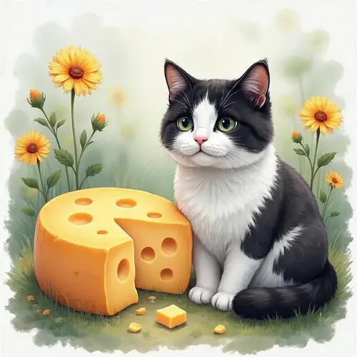 Charming White-Pawed Cheese Cat with Wildflowers Art