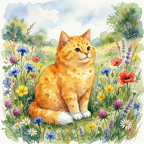 Charming White-Pawed Cheese Cat with Wildflowers Art