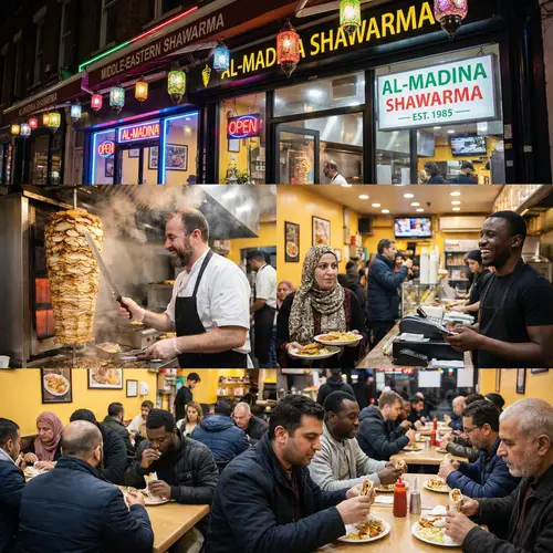 Vibrant Mid-Eastern Shawarma Restaurant: Bustling Scene & Sizzling Flavors