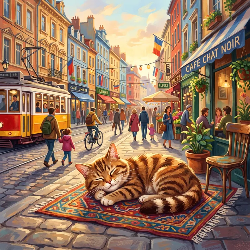 Colorful Tabby Cat Relaxing on City Street | Playful Illustration