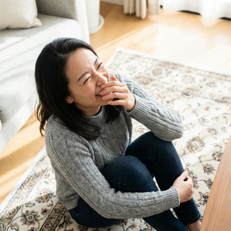 Joyful Asian Woman Tickled - Top View Tickling Scene