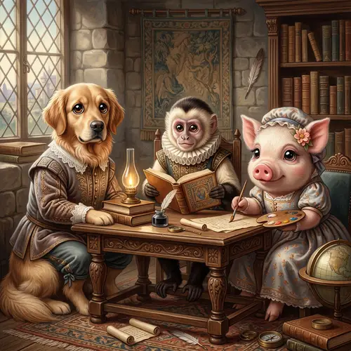 4k Resolution Pastel Anime Style Dog, Monkey, Pig Artwork