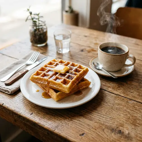 Delicious Golden-Brown Waffles with Butter and Syrup
