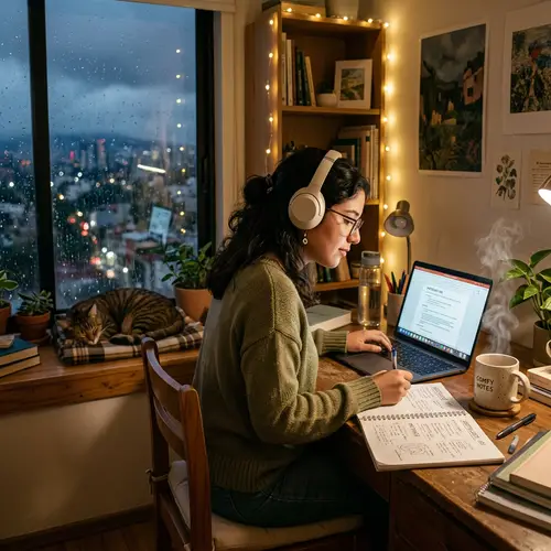 Young Hispanic Woman Studying in a Cozy Room with Lofi Theme