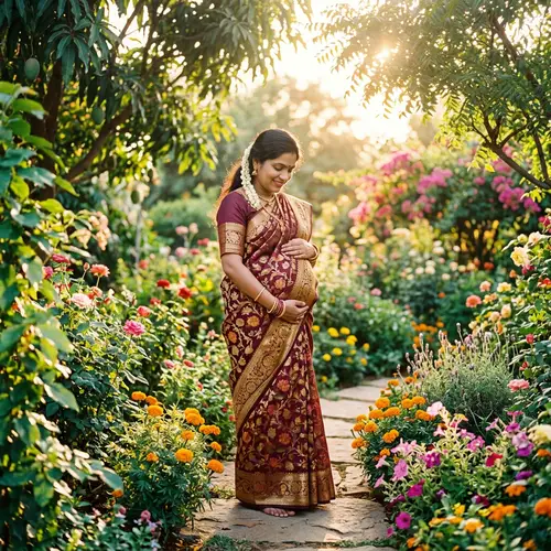 Indian Pregnant Female in Traditional Saree | Peaceful Garden Scene