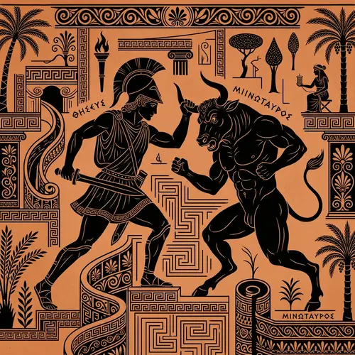 Theseus vs Minotaur: Ancient Greek Mythology Lineart Silhouettes