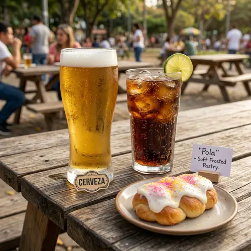 Chilled Beer, Cola, and Pola on Wooden Picnic Table