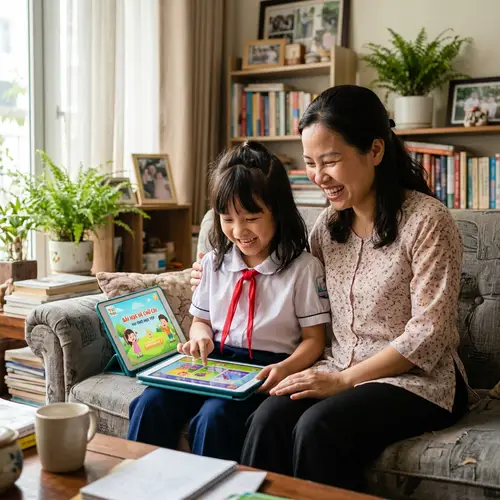 Happy Vietnamese Girl Using Monkey Junior App