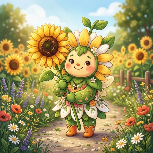 Cute Flower Theme Mascot Holding a Sunflower