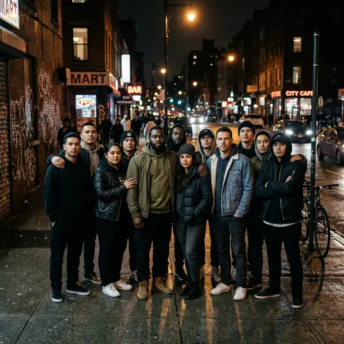 Modern Urban Unity: Diverse Group Unites at Night