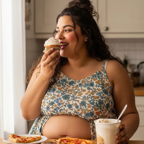 Joyful BBW Enjoying Her Meal