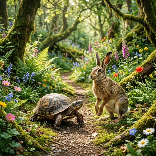 Tortoise and Hare in a Whimsical Forest