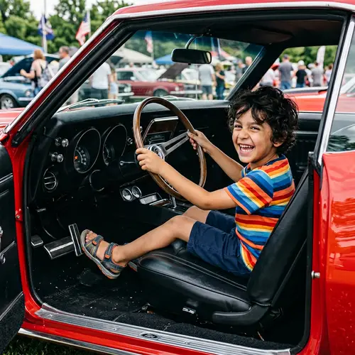 Mischievous Young Middle-Eastern Boy Pressing Hard on Red Car Pedal