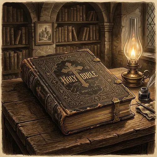 Vintage Illustration of Ornate Bible on Wooden Table | Historic Ambiance