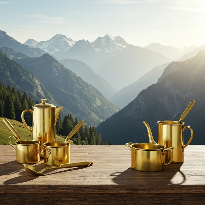 Brass Utensils in Majestic Mountain Scenery