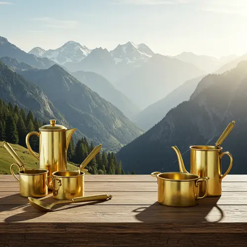 Brass Utensils in Majestic Mountain Scenery