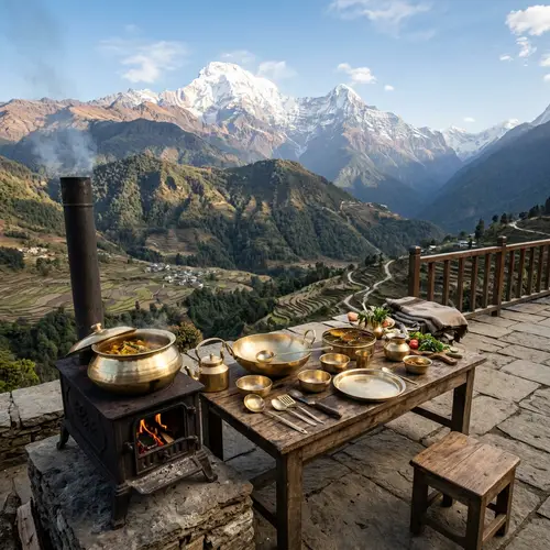 Brass Utensils in Majestic Mountain Scenery