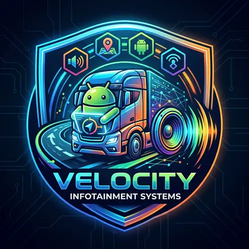Colorful Infotainment Team Logo with Speakers, Trucks, Android & Navigation