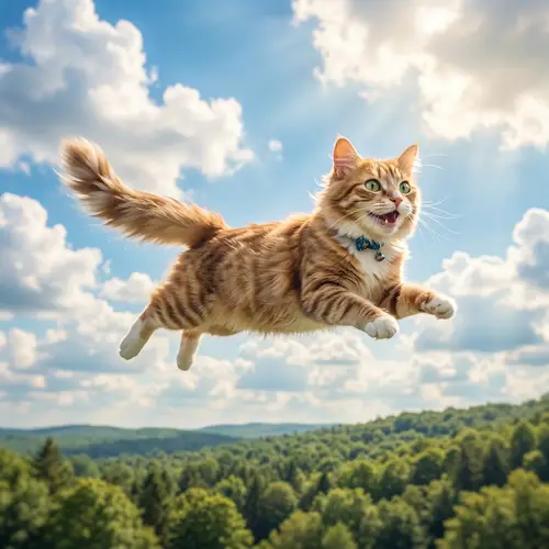 Flying Cat Soaring Over Tree Line | Fantasy Sky Scene