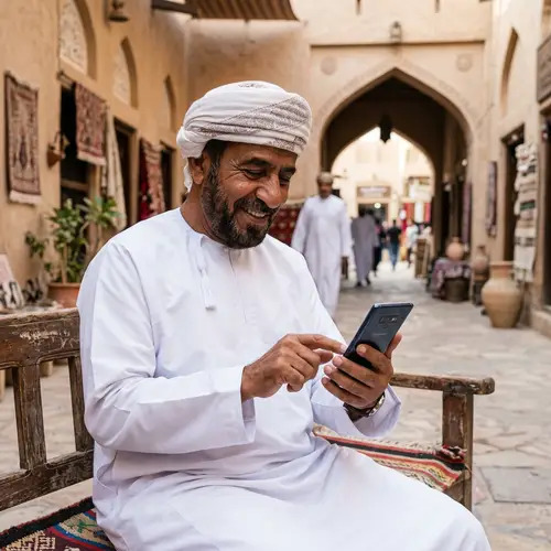 Omani Man in Traditional Attire Using Mobile Phone