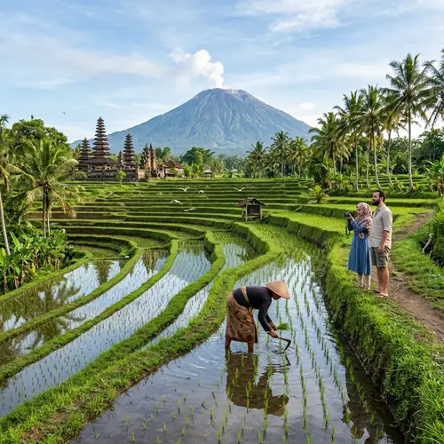 Serene Balinese Rice Terrace with Temple and Volcano View