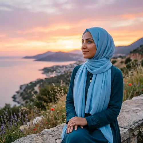 Graceful Middle-Eastern Woman in Hijab | Serene Sunset Portrait