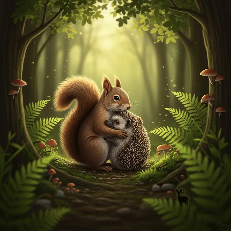 Heartwarming Woodland Hug: Squirrel & Hedgehog