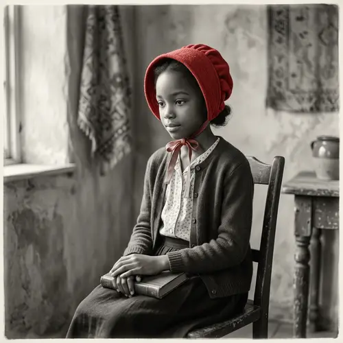 Black and White Vintage Photo of Young Black Girl in Red Bonnet