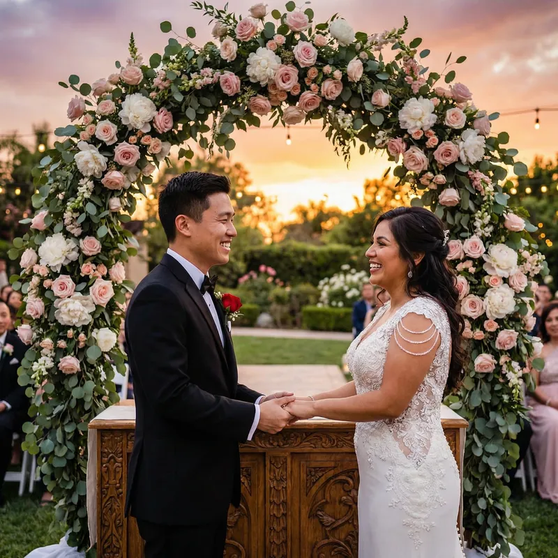 Capturing the Magical Moment: Wedding Photo of Couple Under Floral Archway