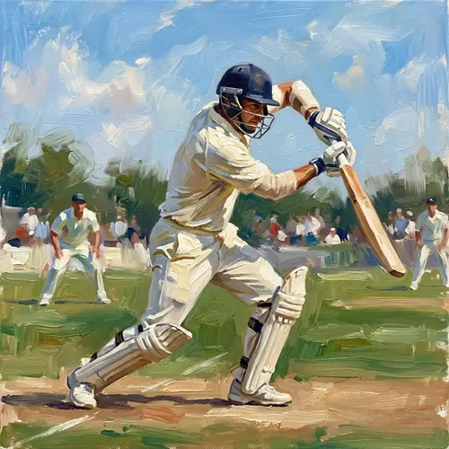 Professional Cricket Player Oil Painting in Dynamic Action