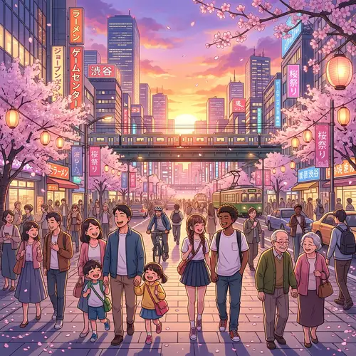 Happy Anime Cityscape with Cherry Blossoms - Joyful Scene