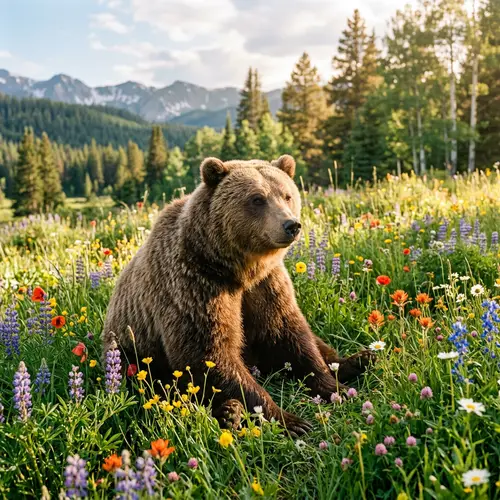 Peaceful Bear in Meadow Surrounded by Vibrant Blooming Flowers