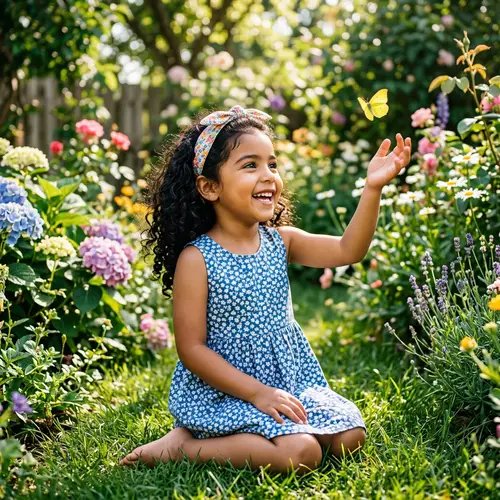 Hispanic Girl Playing with Yellow Butterfly in Garden