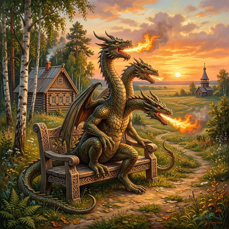 Zmey Gorynych Sitting on Bench in Russian Landscape