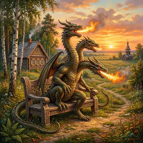 Zmey Gorynych Sitting on Bench in Russian Setting