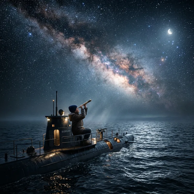 Asian Boy Stargazing from Submarine Deck