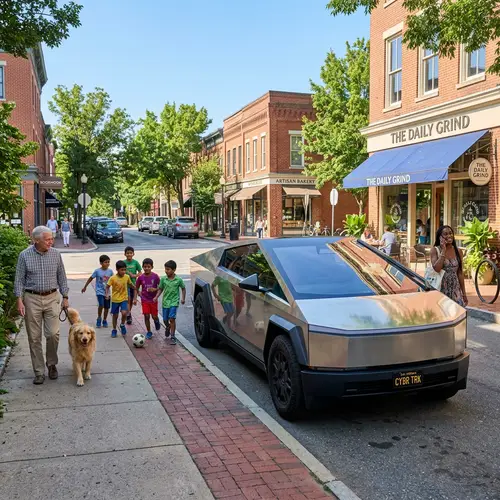 Tesla Cybertruck in Urban Setting - Peaceful City Street View