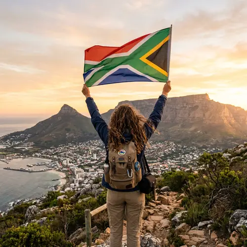 Female Traveller with South African Flag at Table Mountain, Cape Town