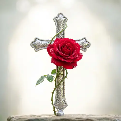 Vibrant Red Rose Wrapped Around Cross