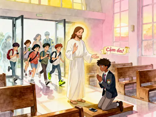 Uplifting Church Hall Scene with Jesus and Teen