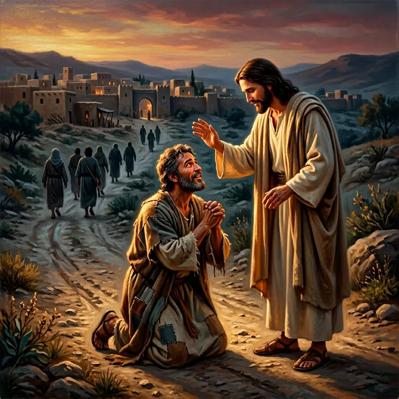Devotional Samaritan Kneeling Before Jesus Illustration