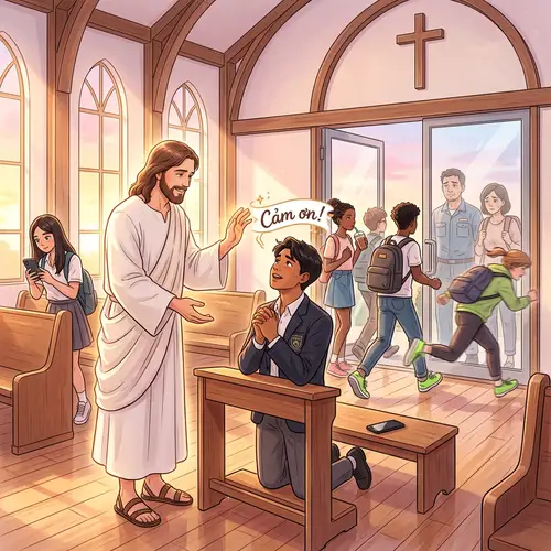 Uplifting Church Hall Scene with Jesus and Teen
