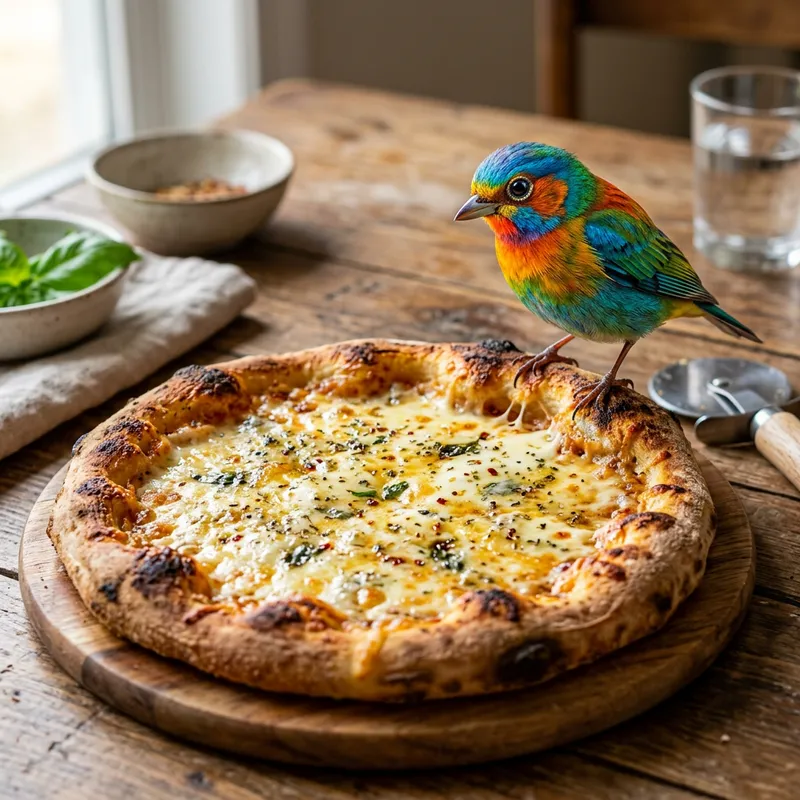 Oleg the Bird: Delightful Pose on Four Cheese Pizza
