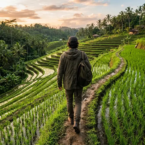 Man Walking Through Scenic Indonesian Rice Field