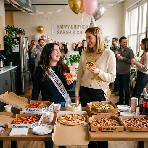 Birthday Celebration at Work with Pizza | Two Girls