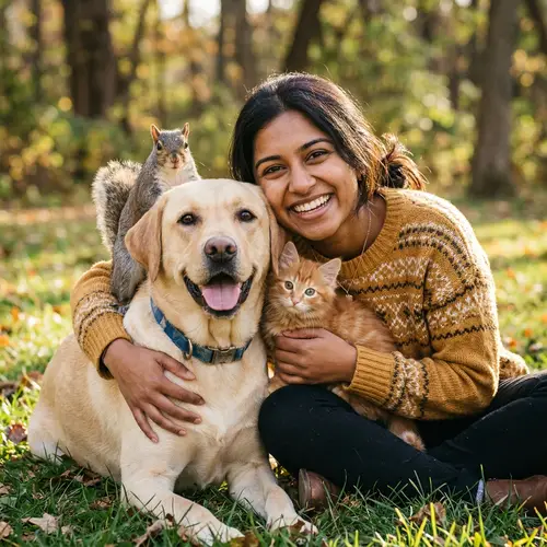 Adorable Group Huddle with Red-Haired Kitten, Labrador Dog, Woman, and Squirrel