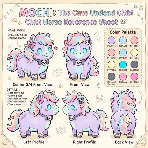 Cute Undead Horse Character Reference Sheet | Chibi-Style Design